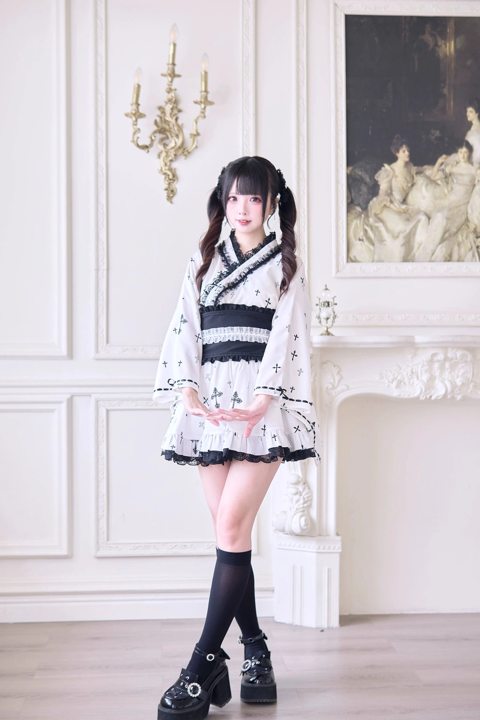 Jirai Kei outfit fabric swatch and material close-up showing premium polyester, cross print motif, texture, and lace trim construction quality