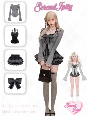 Jirai Kei cardigan and skirt set mixed flat lay and model shot showing all four clothing pieces in size S worn by blonde model