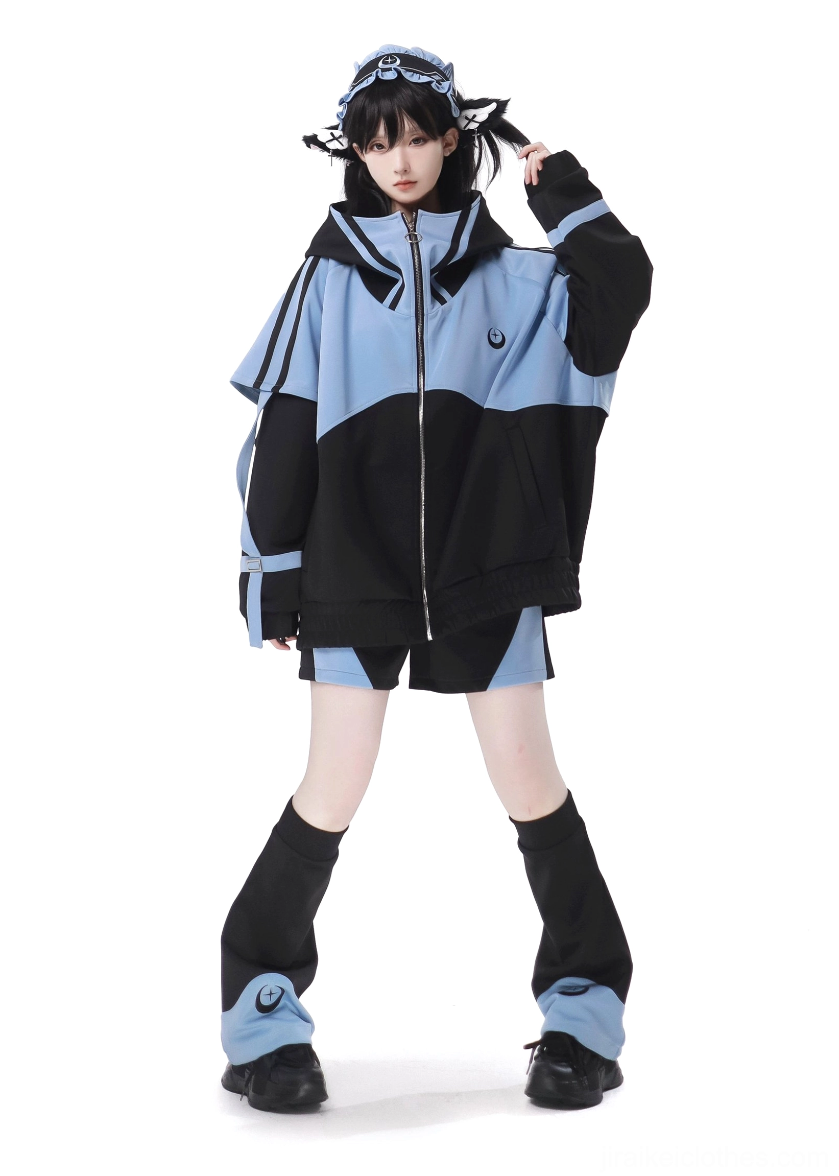 Jirai Kei outfit set front standing hand raised high collar zip jacket leg warmers celestial aesthetics