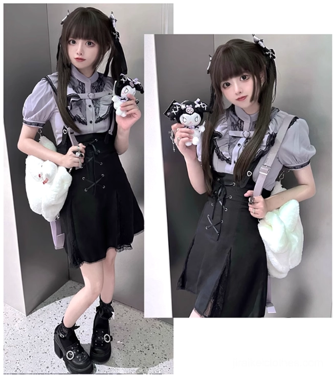 Jirai kei outfit styling inspiration bi-color contrast blouse and lace-up front skirt ensemble