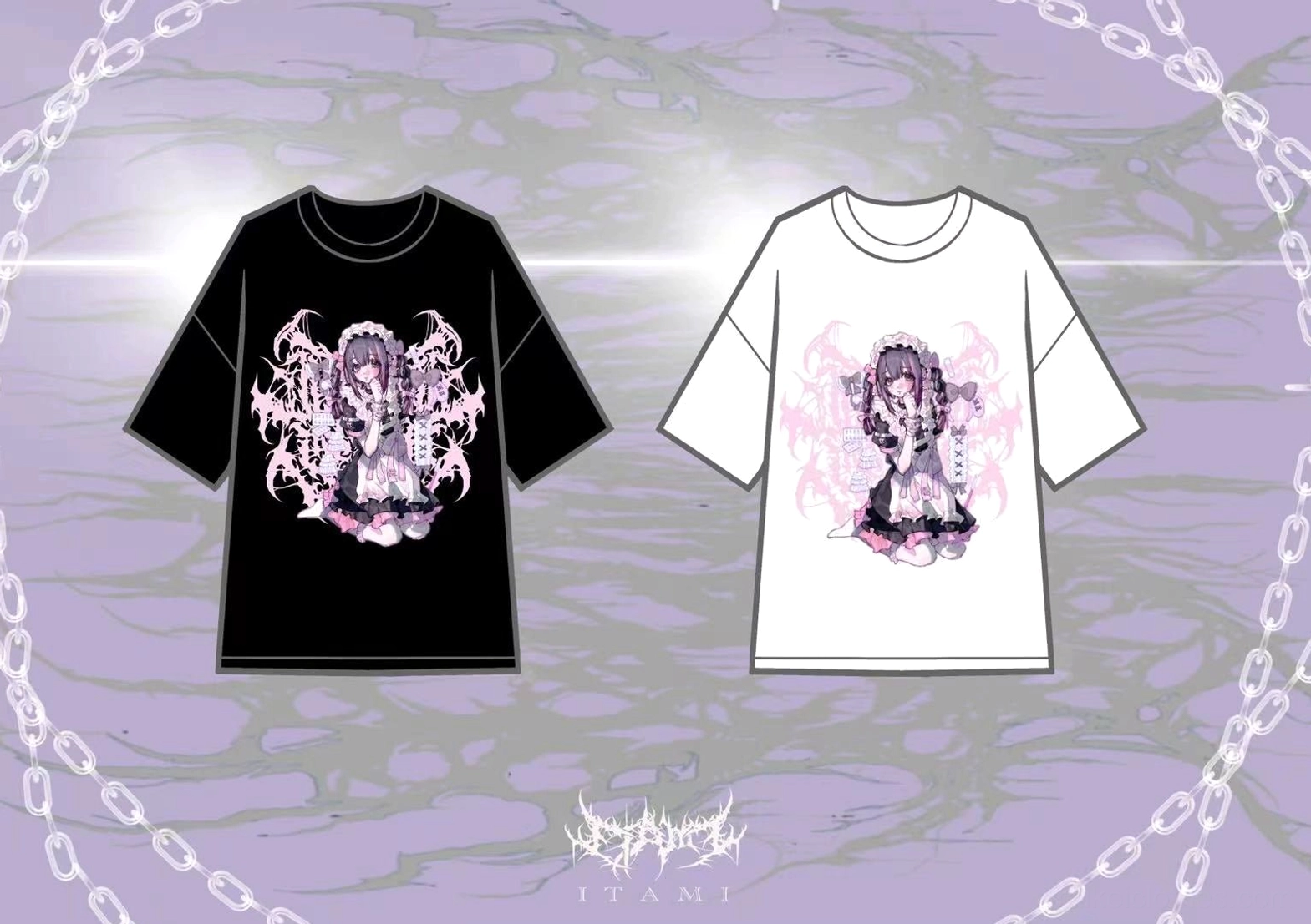 Oversized Jirai Kei anime maid graphic cotton t-shirt lifestyle styling detail shot demonstrating relaxed drop-shoulder fit and gothic Y2K aesthetic aesthetic appeal