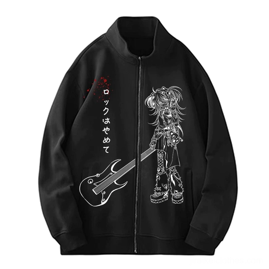 Jirai Kei oversized zip-up hoodie with red polka dot collar and white anime graphic on black base fabric