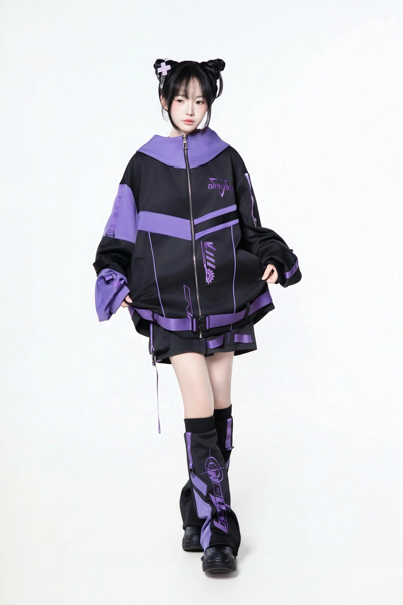Black and purple cyberpunk Jirai Kei oversized jacket with shorts and leg warmers bundle - full front model shot with printed graphic details
