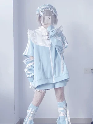 Jirai Kei oversized jacket with removable long sleeves mirror selfie front view model wearing frilly blue hairband white room