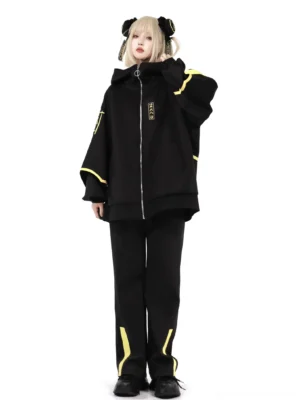 Jirai Kei sports set back view showing yellow side stripes and oversized jacket silhouette on model