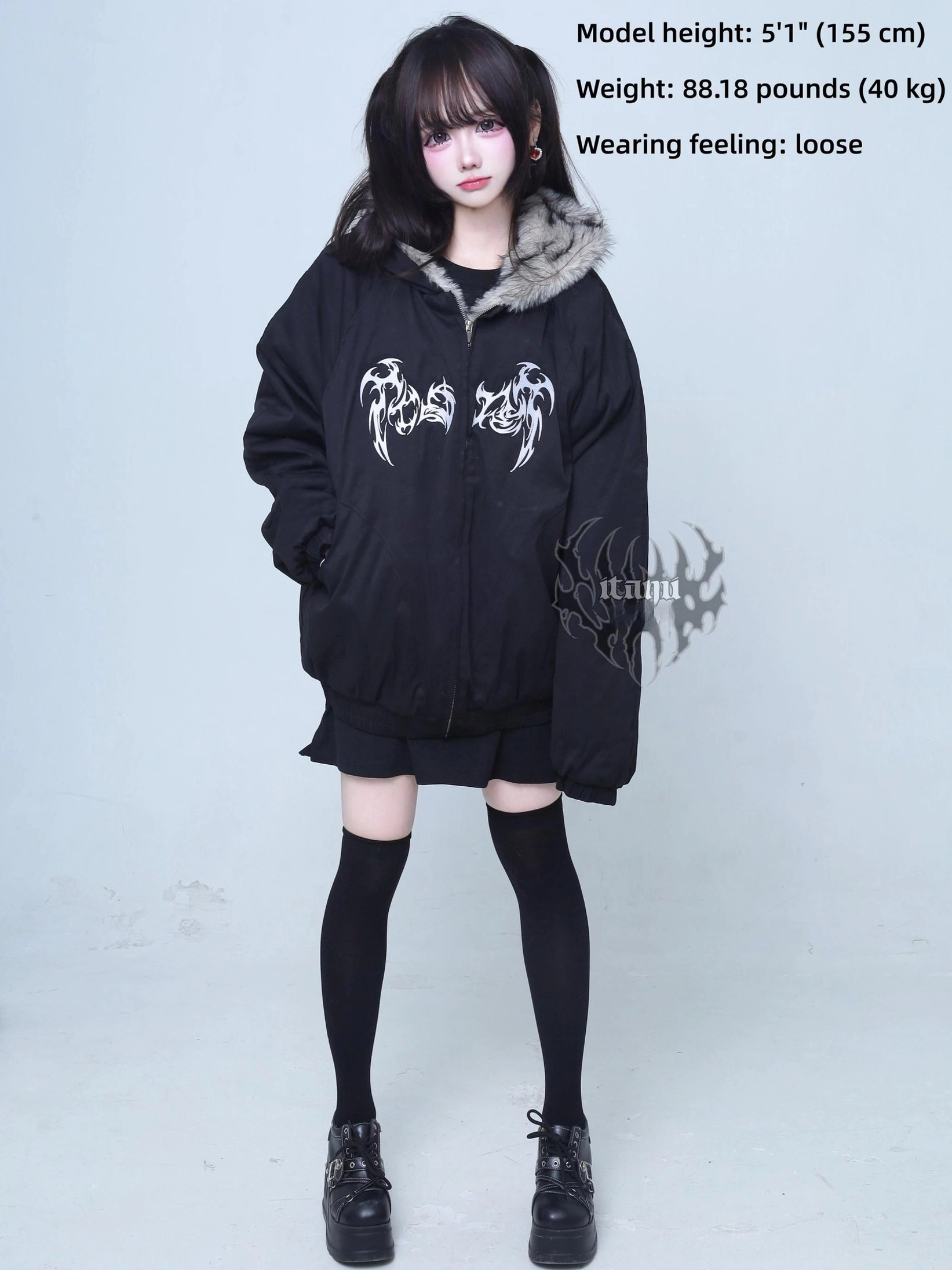 Black Jirai Kei padded hooded jacket front view with body measurement labels oversized fit tribal white chest embroidery sizing guide