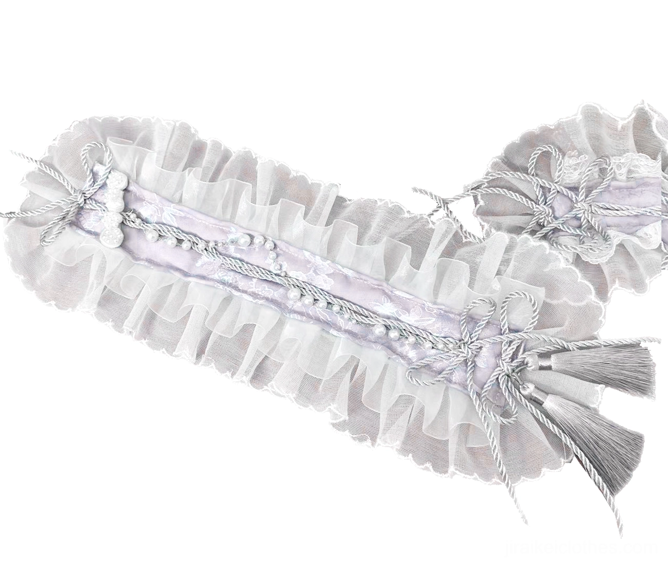 Pale grey sheer ruffled lace satin headband with beaded details and decorative tassel pendants, Jirai Kei hair accessory overhead product display