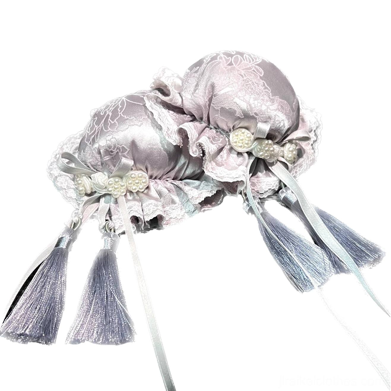 Pale purple embroidered satin hair clips with silver lace trim and decorative tassels, floral ornament details, Jirai Kei Oriental hair accessory overhead flat lay