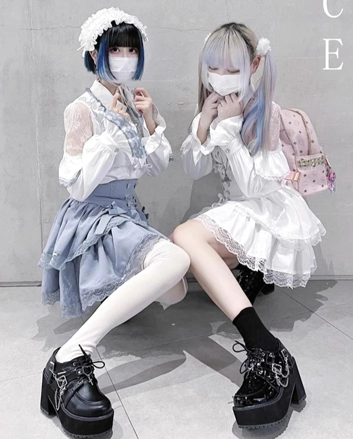Jirai Kei patchwork blouse and skirt set full-body sitting perspective with grey-blue bicolor and platform loafers