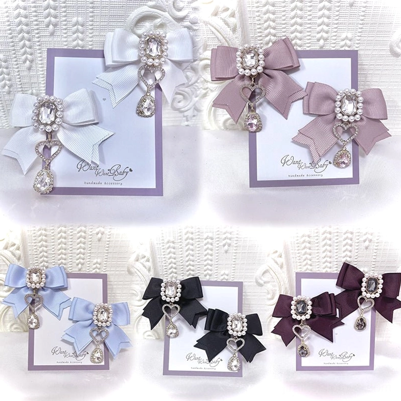 Jirai Kei pearl rhinestone bow hair clips close-up detail view highlighting rhinestone pearl embellishment quality and heart charm construction