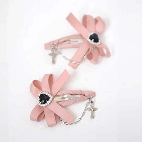 Pink ryousangata Jirai Kei bow hair clip satin black heart gem silver cross chain charms oblique angle