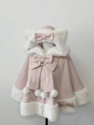 Jirai Kei pink cat ear hooded plush cape with fuzzy white fur trim and detachable heart crystal bows front view on mannequin