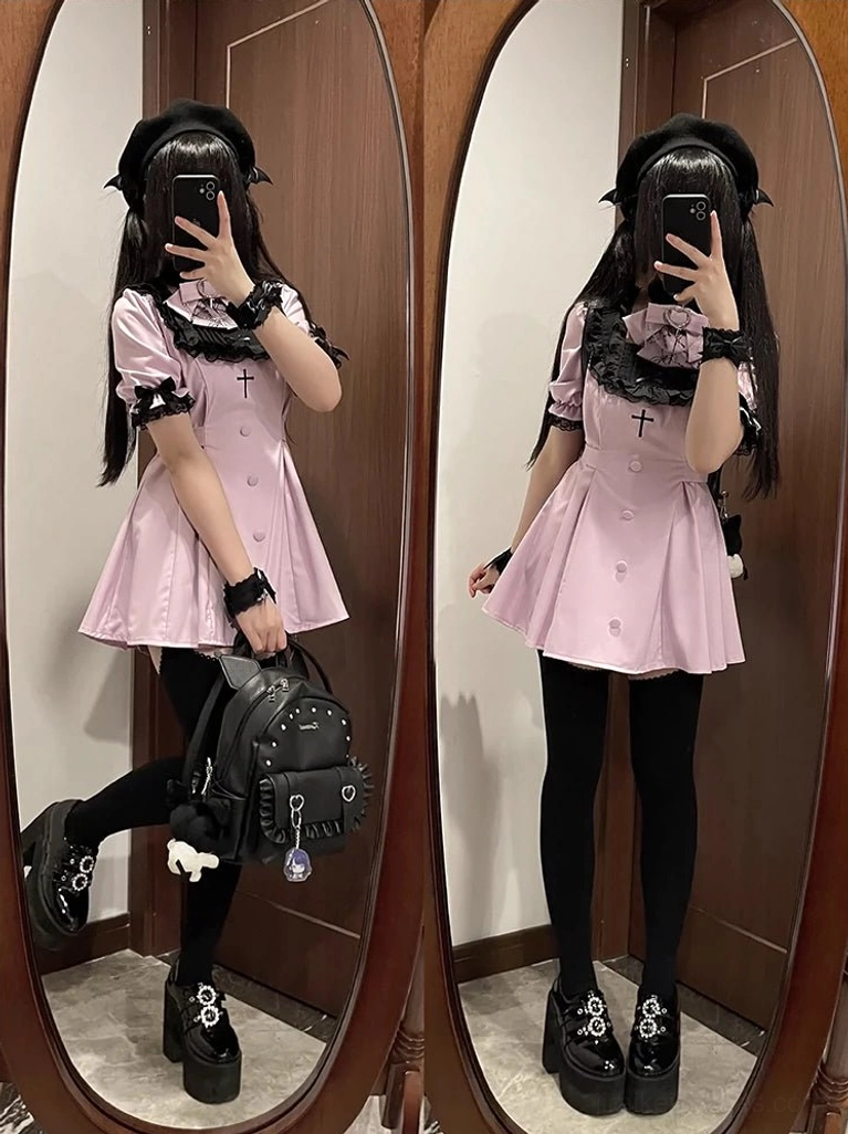 Pink Jirai Kei dress set featuring cross brooch ruffled cuffs and decorative backpack with platform shoes twin tail styling