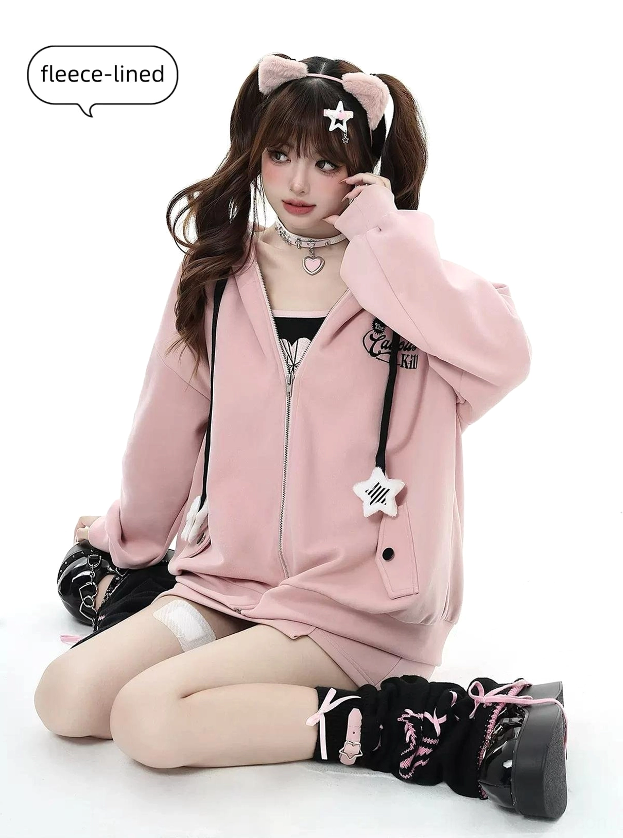 Pink fleece-lined Jirai Kei hoodie jacket full-body view with matching aesthetic accessories and styling elements