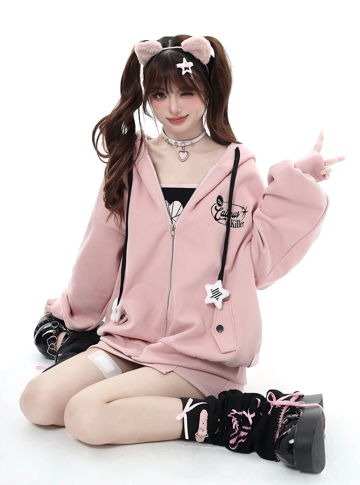 Pink regular Jirai Kei hoodie jacket lightweight option, front view showing casual oversized silhouette