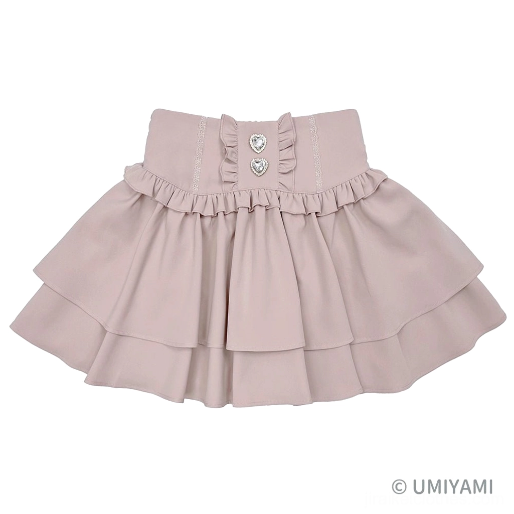 Pink jirai kei tiered mini skirt romantic tone, soft pastel option, ruffled construction, heart rhinestone details, feminine jirai kei design