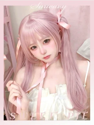 Jirai Kei pink twin ponytail wig worn by model in white camisole, showing half-body oblique side view with air bangs and soft pink straight hair adorned with pink ribbon bows