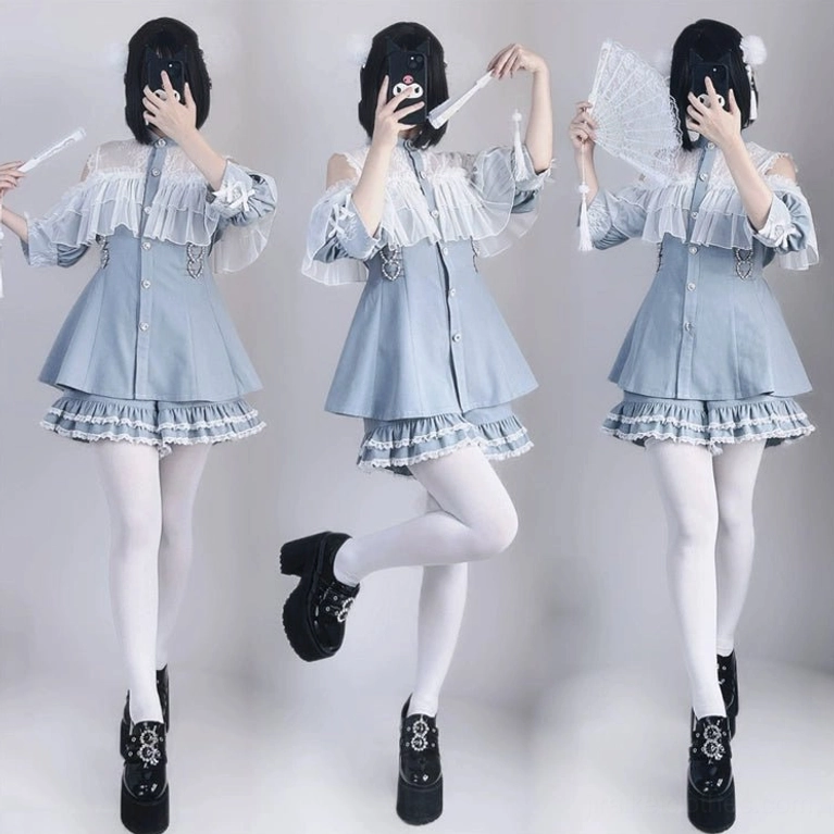 Pastel pink white Jirai Kei two-tone dress shorts ensemble off-shoulder ruffle cape elegant feminine styling