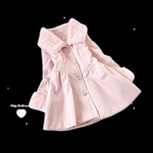 Pink Jirai Kei wool coat with detachable fuzzy fur collar and cuffs featuring heart-shaped gold buttons and A-line silhouette flat lay view