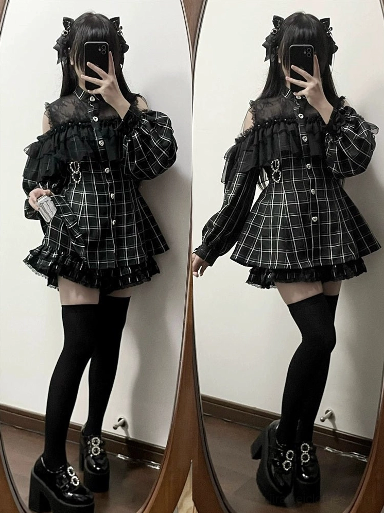 Plaid Jirai Kei off-shoulder dress set black white grid print with ruffle off-shoulder overlay puff sleeves mirror styling