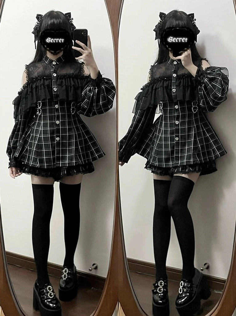 Plaid Jirai Kei dress with front button design metal buckles long puff sleeves and mini ruffle hem shorts set