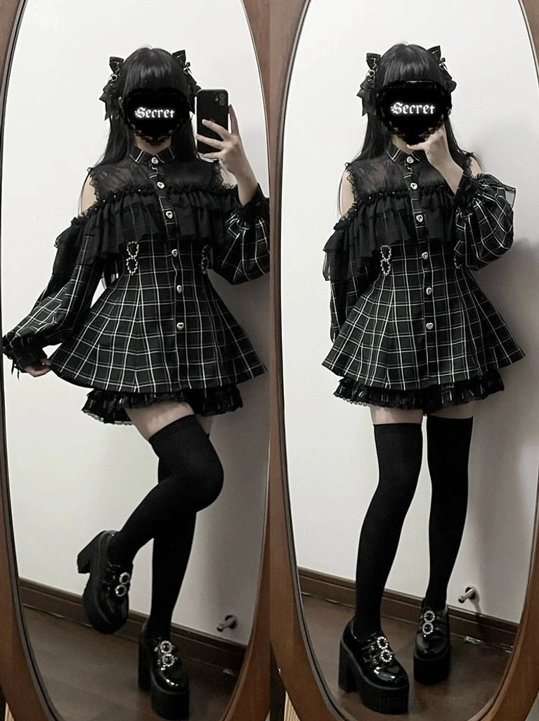 Full body plaid Jirai Kei dress grid pattern with thigh-high stockings platform loafers and off-shoulder ruffle neckline