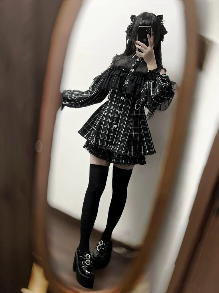 Plaid Jirai Kei off-shoulder mini dress black white pattern long puff sleeves ruffle hem shorts and platform boots side view