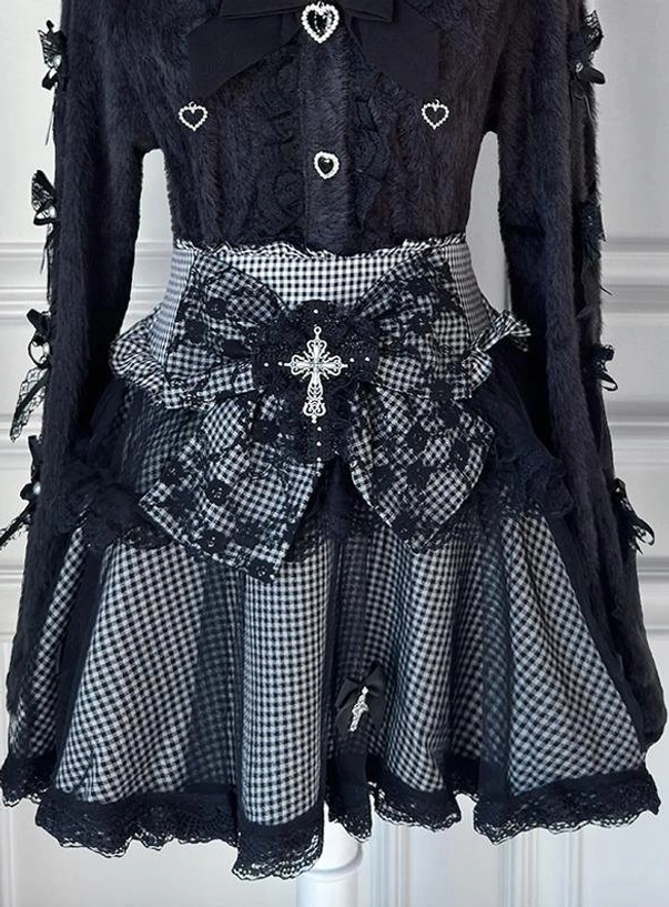Plaid Jirai Kei skirt only without suspenders in multiple size options, checkered pattern with bow and cross waist details