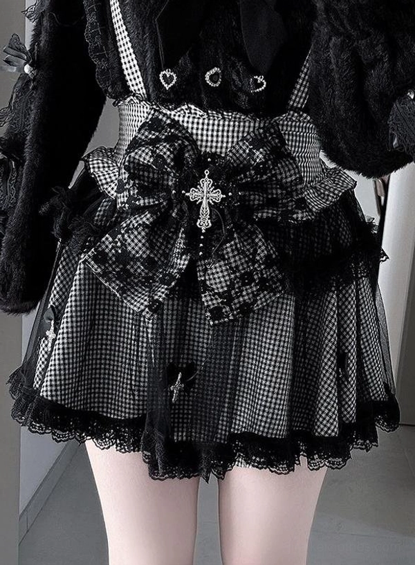Jirai Kei plaid skirt with detachable suspenders, checkered design with bow and cross ornaments, shown with and without straps