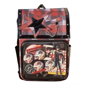 Red-black plaid star ita backpack front view with clear display window showcasing anime badge collection and metal chain accent