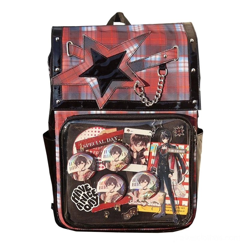 Red-black plaid star ita backpack front view with clear display window showcasing anime badge collection and metal chain accent