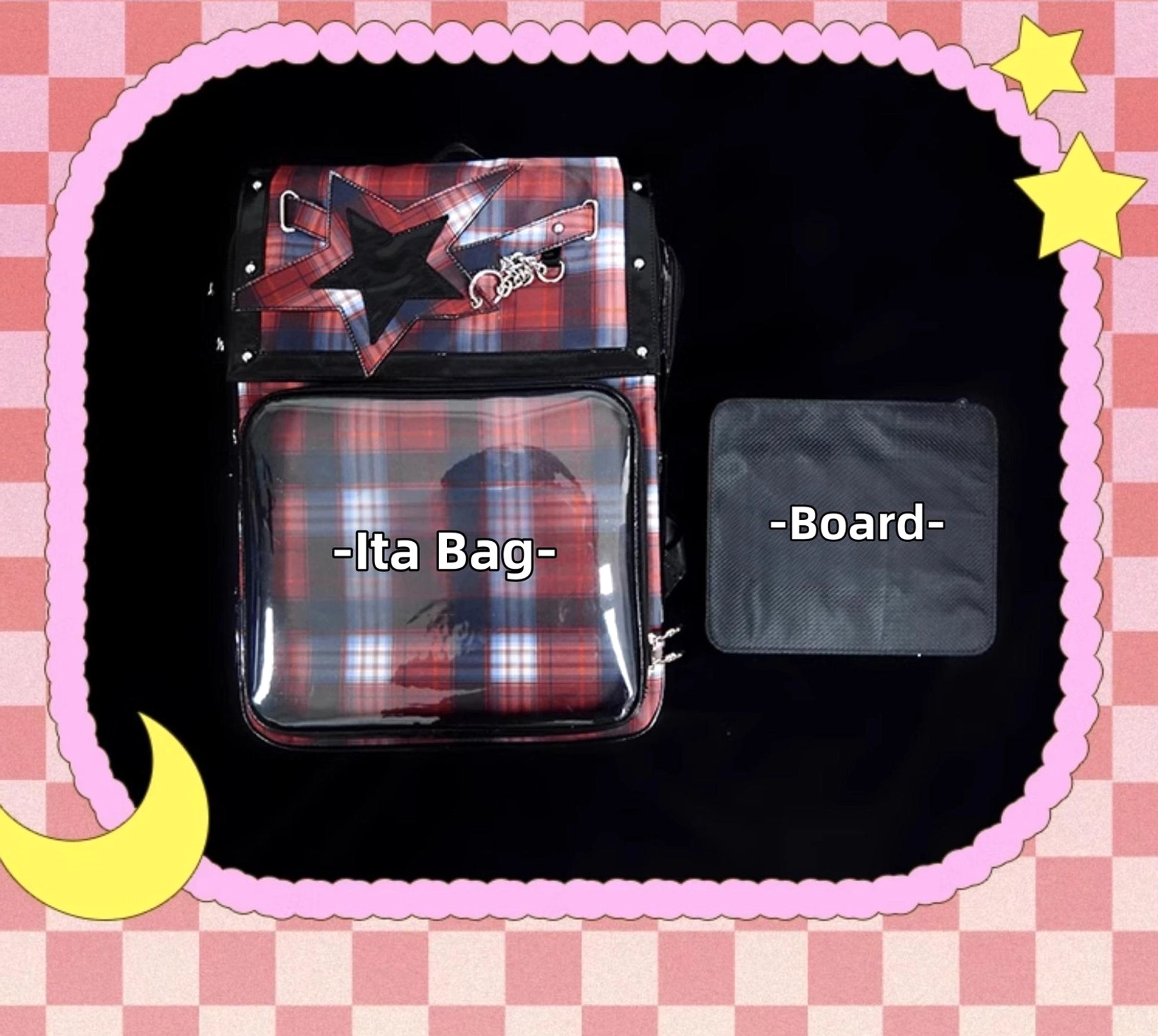 Jirai Kei style plaid star ita backpack paired with subculture accessories and charm collection