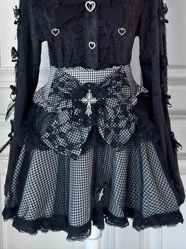 Plaid tulle Jirai Kei skirt flat lay close-up detail shot cross bow brooch lace hem texture removable ornaments