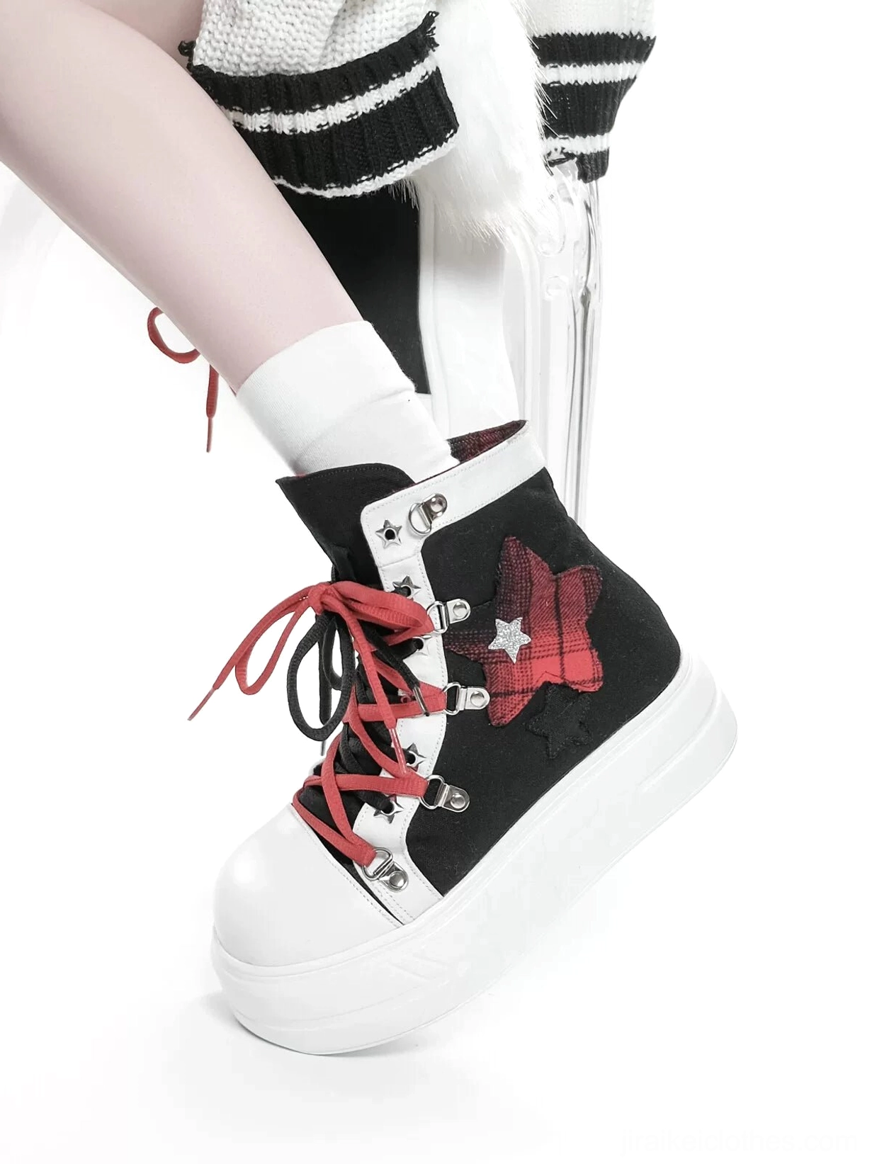 Jirai Kei platform canvas high-top sneakers with foldable collar complete product showcase highlighting dual-lace system and subculture aesthetic styling