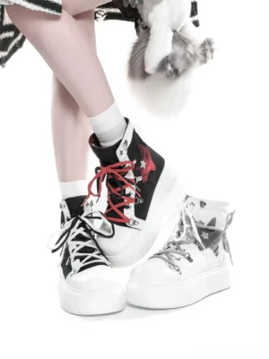 Jirai Kei platform canvas high-top sneakers with foldable collar in black-red and grey-white colorways displayed on female model wearing subculture streetwear outfit