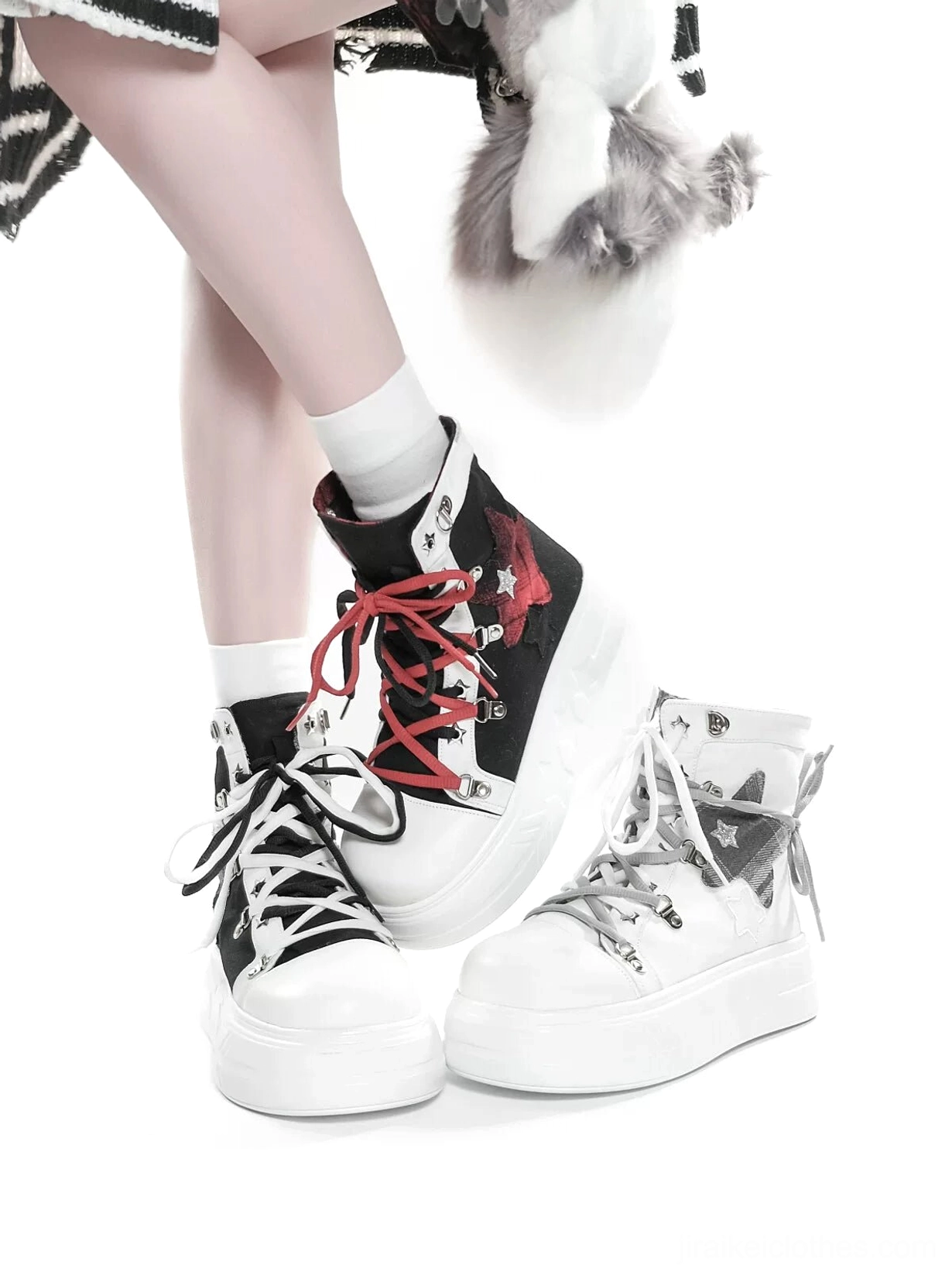 Jirai Kei platform canvas high-top sneakers with foldable collar in black-red and grey-white colorways displayed on female model wearing subculture streetwear outfit