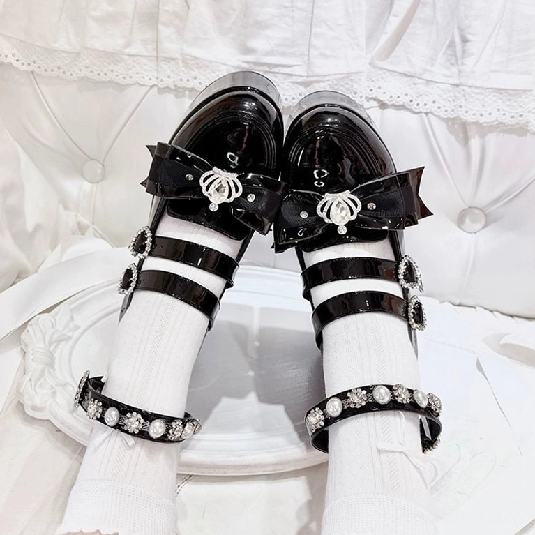 Jirai Kei platform chunky heel shoes in multiple color options showing rhinestone details and thick block heel design variations