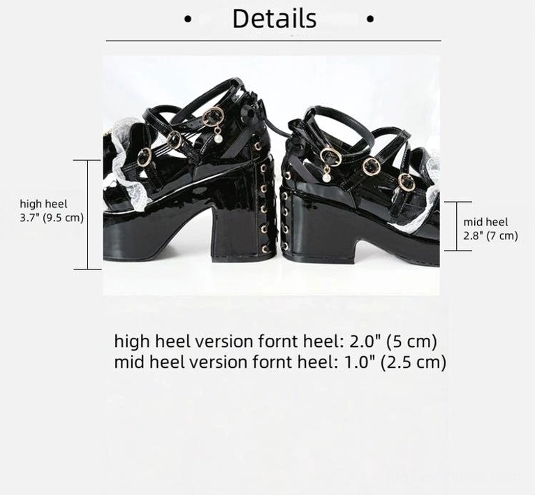 Jirai Kei platform heel close-up texture showing patent leather surface gloss finish and metal hardware durability features for extended wear and style longevity