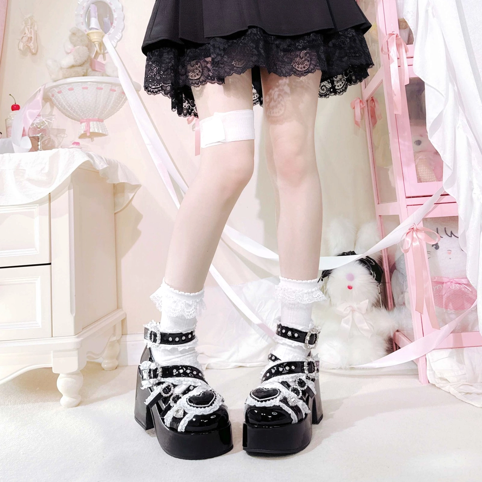 Jirai Kei platform heels buckle strap detail macro photography rhinestone decorations