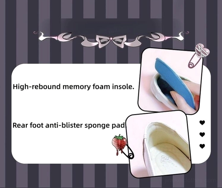 Jirai Kei platform shoe insole infographic showing memory foam insole heel anti-blister sponge pad