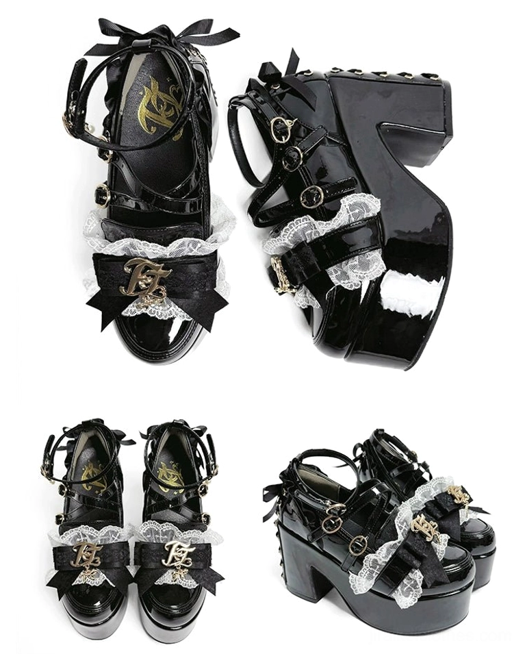 Multiple pairs of Jirai Kei patent leather platform heels mixed flat lay and side view display showing patent leather finish lace straps gold logo charms variations