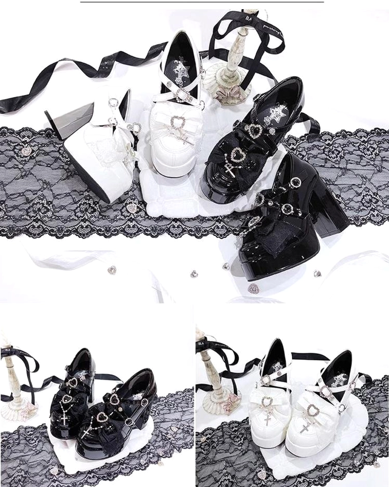 Jirai Kei platform heels outfit inspiration featuring black patent shoes with heart-shaped rhinestones worn with alternative fashion accessories and layered styling