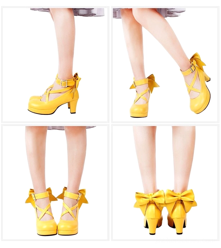 Jirai Kei platform heels quarter view showing bow size scale and heel height proportions design aesthetic