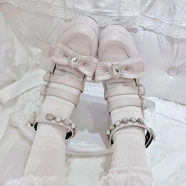 Jirai Kei platform chunky heel shoes detail shot highlighting rhinestone quality, buckle hardware, and premium PU leather construction