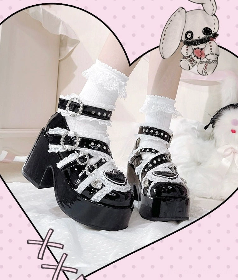 Jirai Kei platform heels lace trim and ruffled detail close-up macro photography