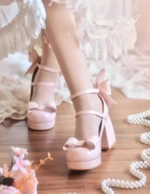 Jirai Kei round toe heels side profile showing chunky block platform heel ankle bow and glossy finish with lace trim detail