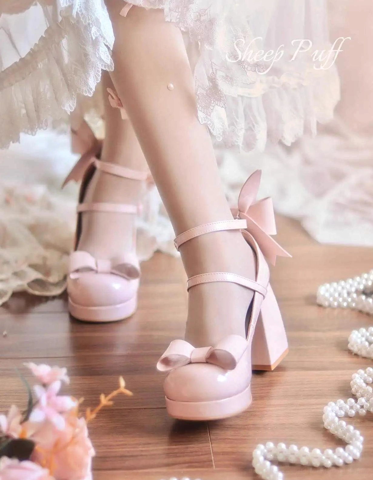 Jirai Kei round toe heels side profile showing chunky block platform heel ankle bow and glossy finish with lace trim detail