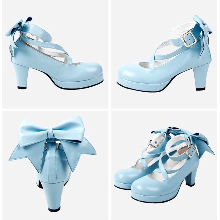 Jirai Kei platform heels side profile view showcasing 2.6 inch block heel and feminine bow embellishment design