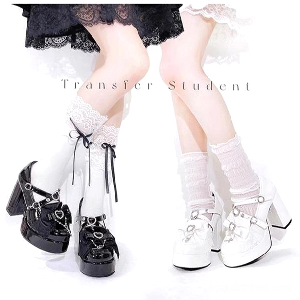 Jirai Kei platform heels styling guide showing black patent version paired with lace-trimmed socks and gothic lolita skirt for authentic street fashion look