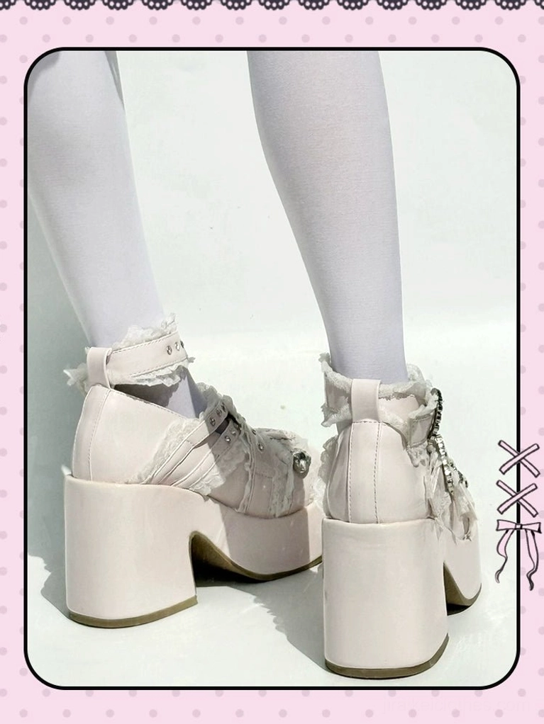 Jirai Kei platform heels with white stockings model wearing full leg view aesthetic